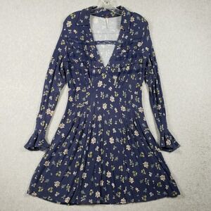 Free People Blue Floral Mini Dress Lace V-Neck Bell Sleeve Boho Whimsigoth L EUC